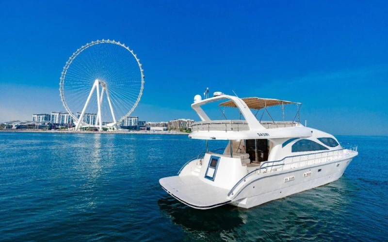 صورة جانبية لسفينة Ocean Seeker II الراسية بالقرب من الساحل، تُظهر نوافذ بانورامية، ومناطق استرخاء تحت أشعة الشمس، وهيكل علوي أبيض مصقول