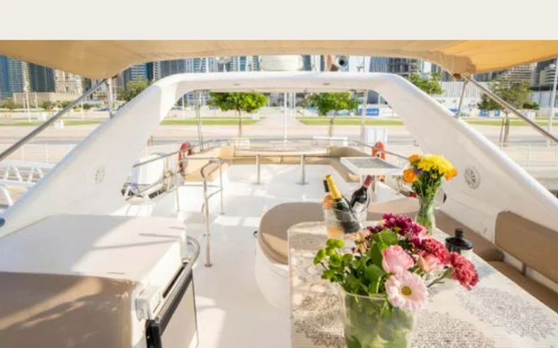 منطقة استراحة أنيقة داخل يخت سيلفر كريك تتميز بمقاعد فخمة وإضاءة محيطة - توفر مالا لليخوت خدمة تأجير يخوت من الدرجة الأولى في دبي.