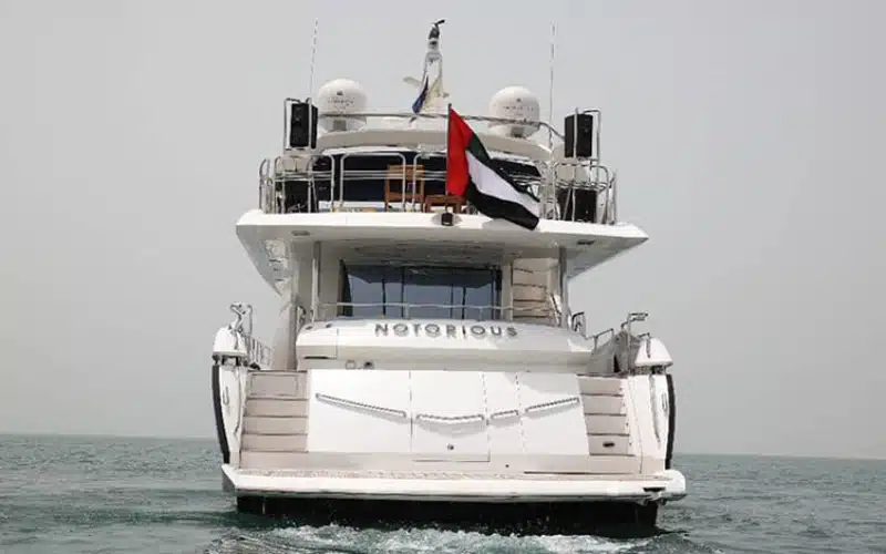 "Notorious Yacht sailing near Dubai coastline – luxury yacht rental in Dubai by Mala Yachts."
