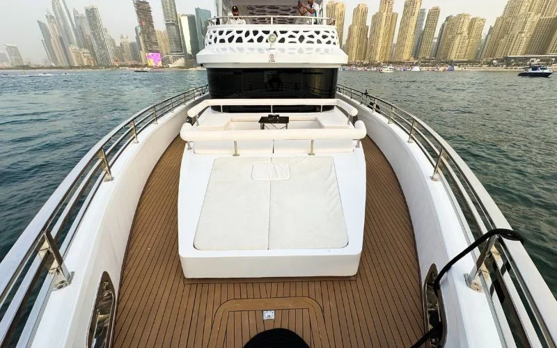 Spacious aft deck ideal for gatherings and dining – enjoy outdoor elegance with Mala Yachts yacht rental in Dubai