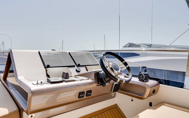 Captain's cockpit on Galeon Yacht with advanced navigation controls and wide front visibility