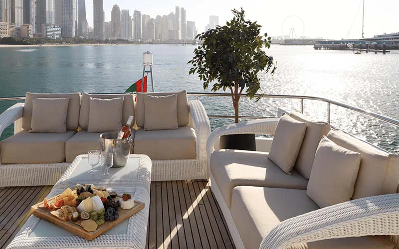 Open-air seating on the Haigan 90ft ideal for events and parties – enjoy Dubai's skyline with Mala Yachts’ yacht rental Dubai