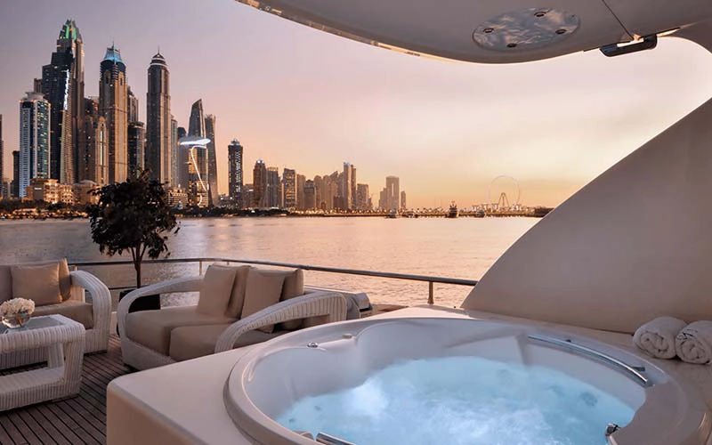 On-deck Jacuzzi aboard Haigan 90ft yacht with panoramic sea views – exclusive to Mala Yachts’ luxury yacht rental in Dubai