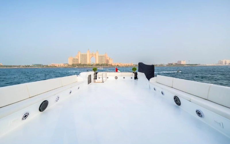 Spacious outdoor deck on 151ft Yacht with lounge chairs and open sea views