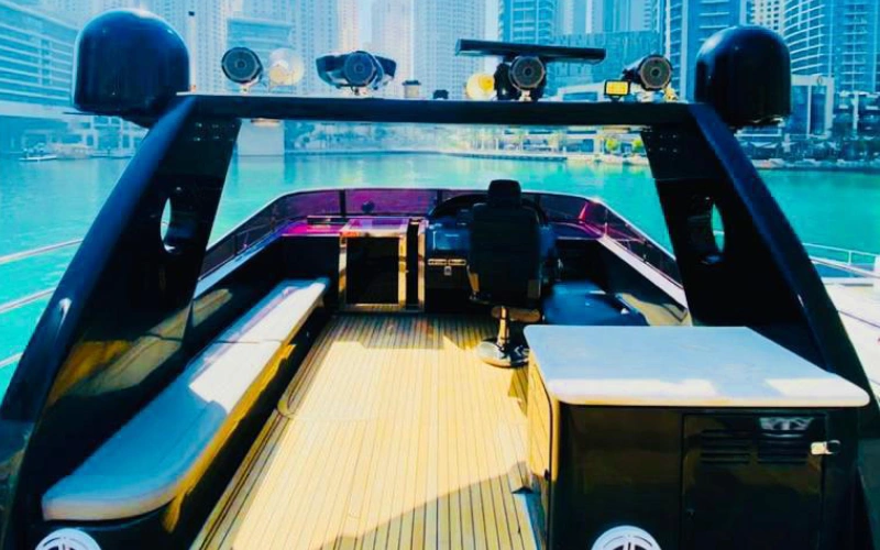 Front bow sitting area on Black Beauty Yacht with sun loungers and uninterrupted sea views