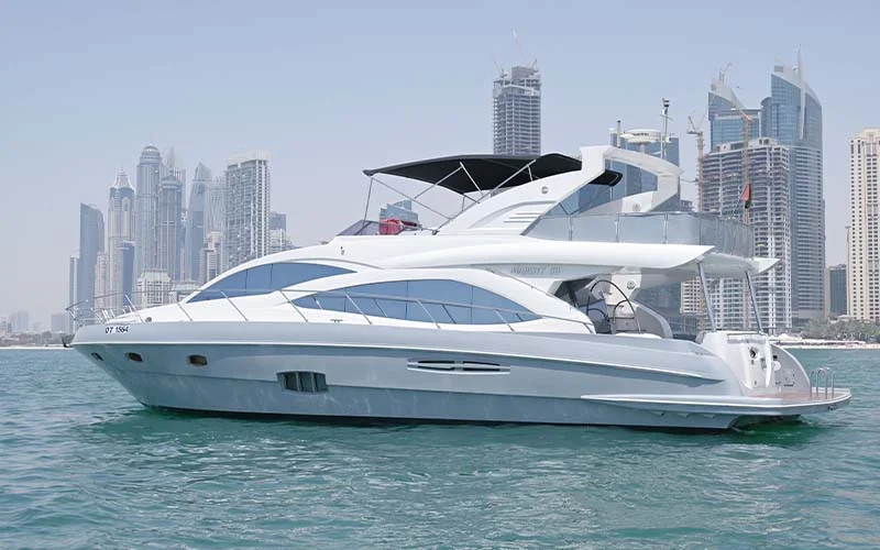 High-angle shot of Maze Yacht from the bow, highlighting the sunpad and stainless railings
