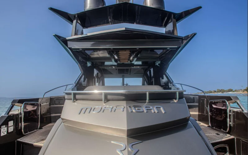 Aft deck of Morrigan Yacht with outdoor dining setup