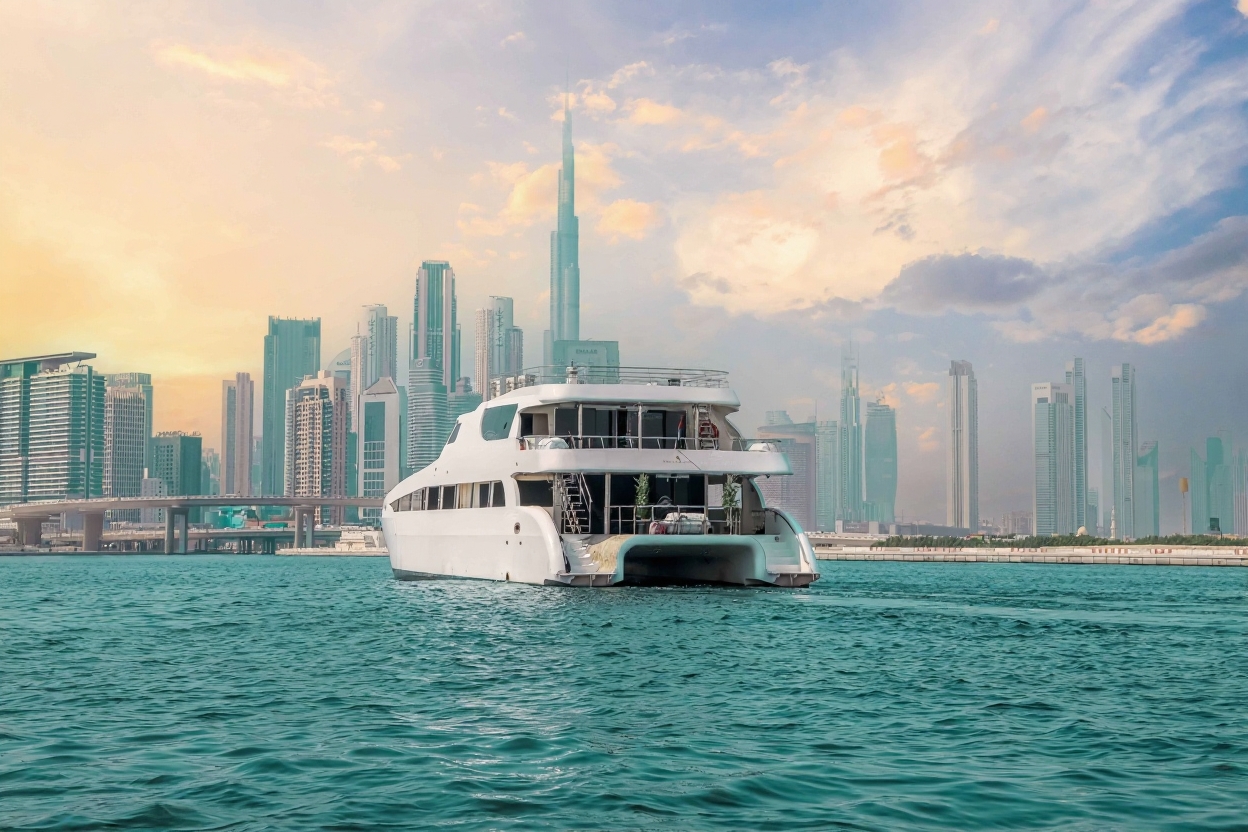 Majestic side view of the 100ft Dream Yacht cruising on water