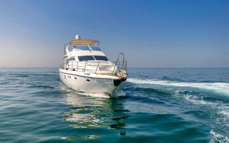 Rear view of Mayas Yacht showing swim platform and access ladder