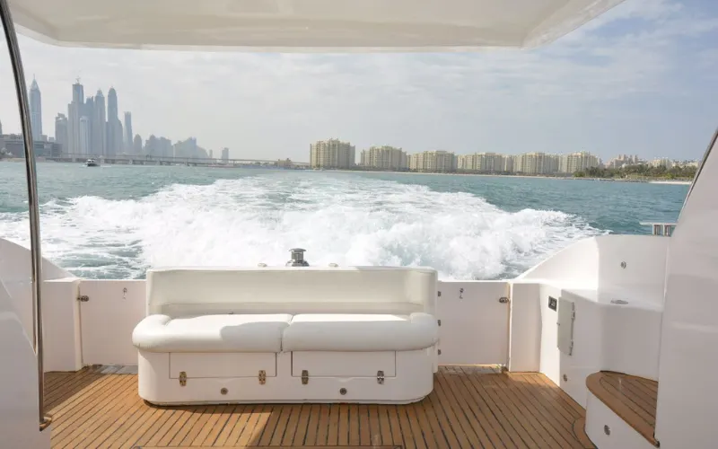 Rear deck of Al Shali Yacht with teak flooring and open space