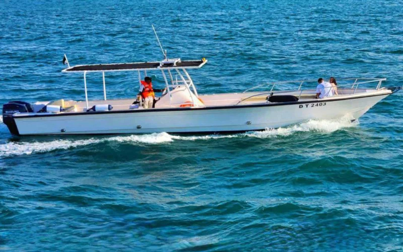 Dubai Marine 32 Feet Yacht sailing near Marina skyline – yacht rental in Dubai by Mala Yachts