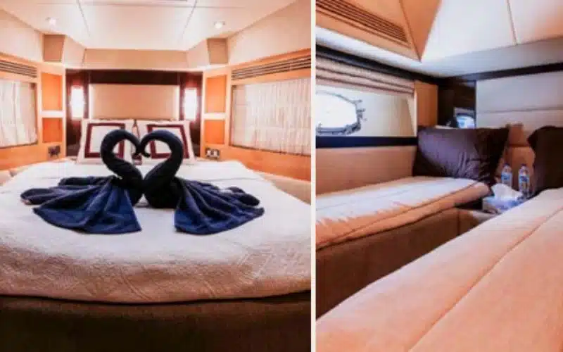 Cozy bedroom suite inside the Vassia yacht featuring ambient lighting and luxury finishes – Mala Yachts provides top-tier yacht rental in Dubai for overnight stays.