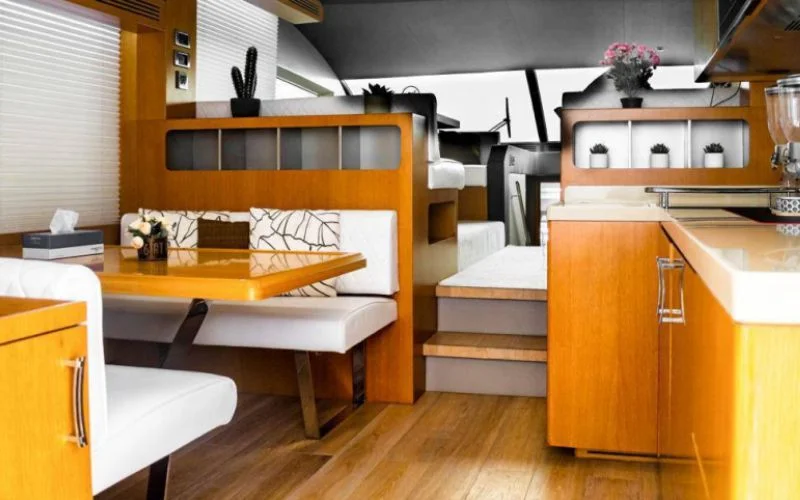 "Luxurious main lounge with plush seating in Majesty 48 yacht – Mala Yachts yacht rental in Dubai"
