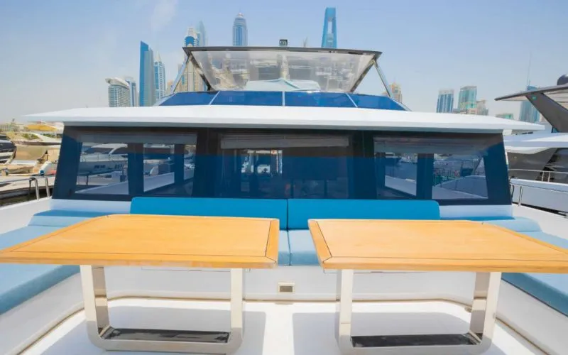 "Elegant lighting and premium upholstery in 61SW yacht interior – Mala Yachts top-tier yacht rental Dubai"