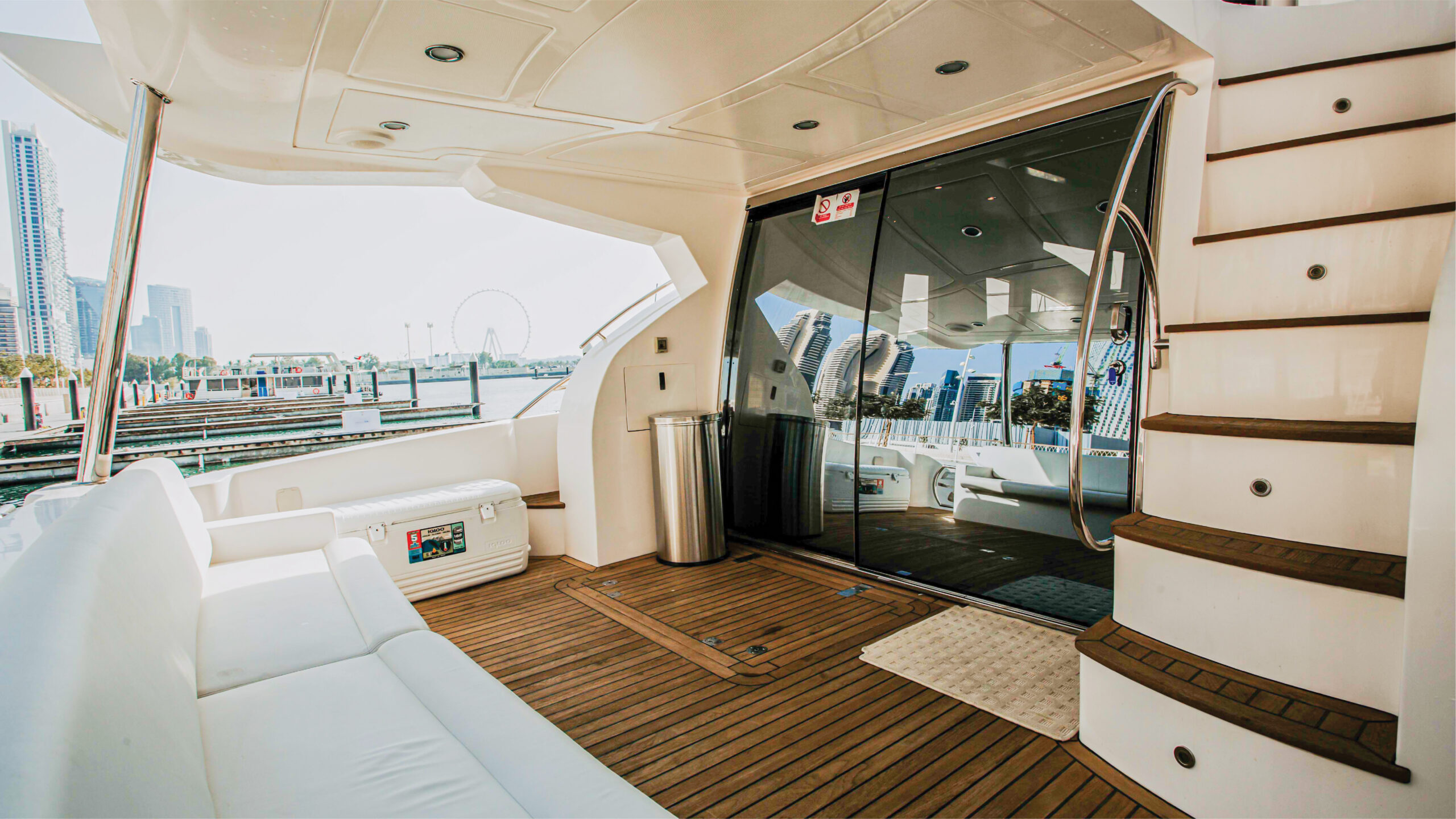 Front view of the Vassia yacht cutting through calm Dubai waters – Mala Yachts delivers smooth and stylish yacht rental in Dubai.