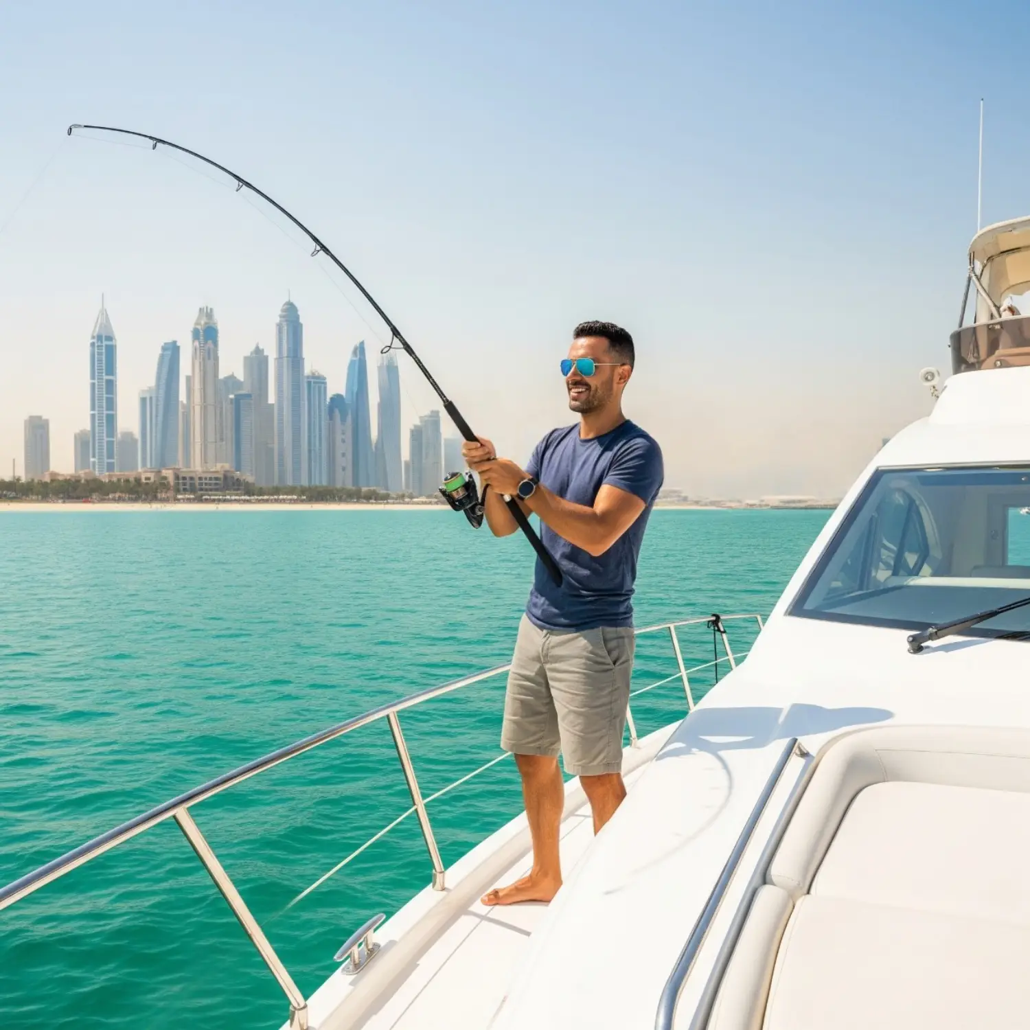 Man holding a fishing rod during a yacht cruise in Dubai