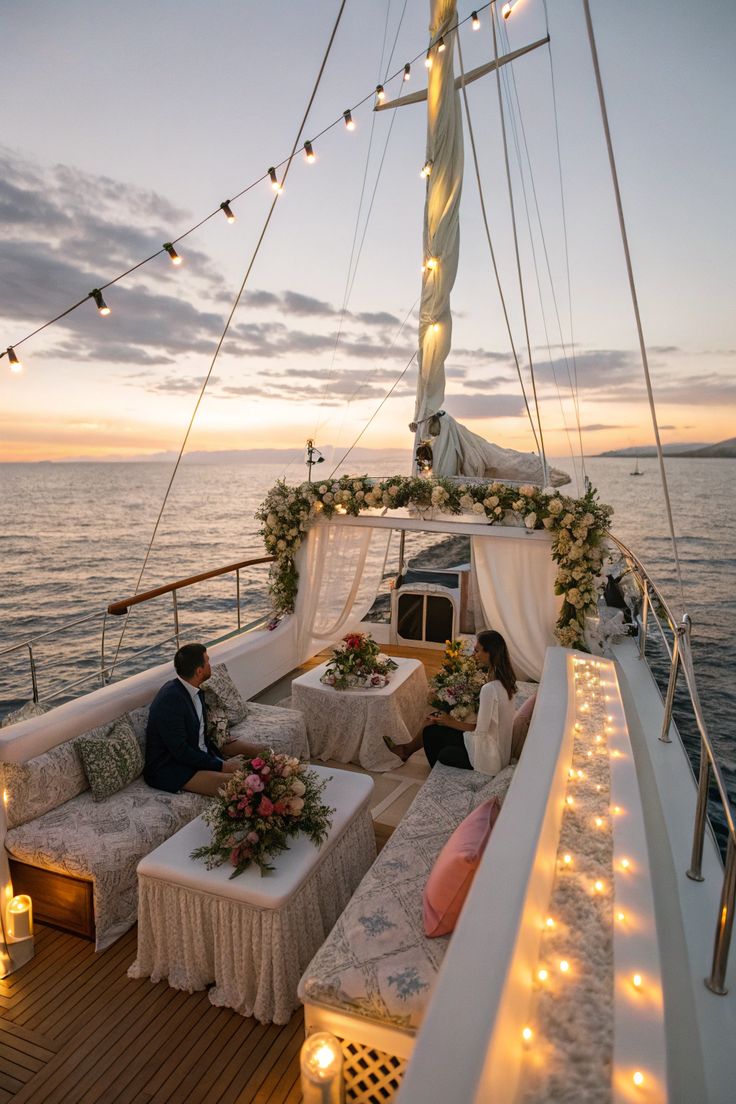 Romantic yacht decorated with flowers, candles, and string lights at sunset, with a couple enjoying an intimate wedding celebration at sea