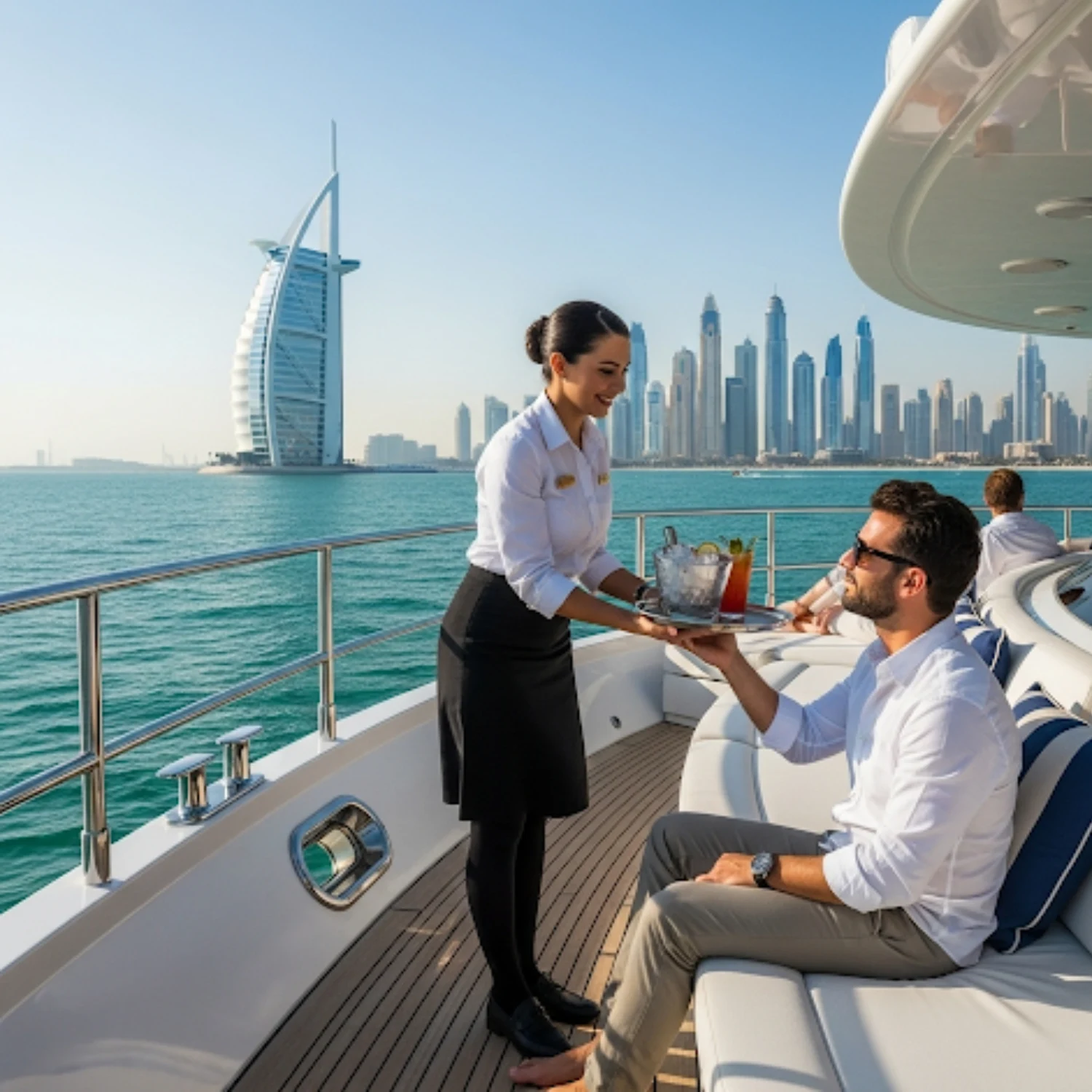 A man in a white shirt and sunglasses is sitting on a white couch on a yacht deck, reaching out to take a tray of cocktails from a woman in a white shirt and black skirt. In the background, the sail-shaped Burj Al Arab hotel and the Dubai city skyline are visible across the water.