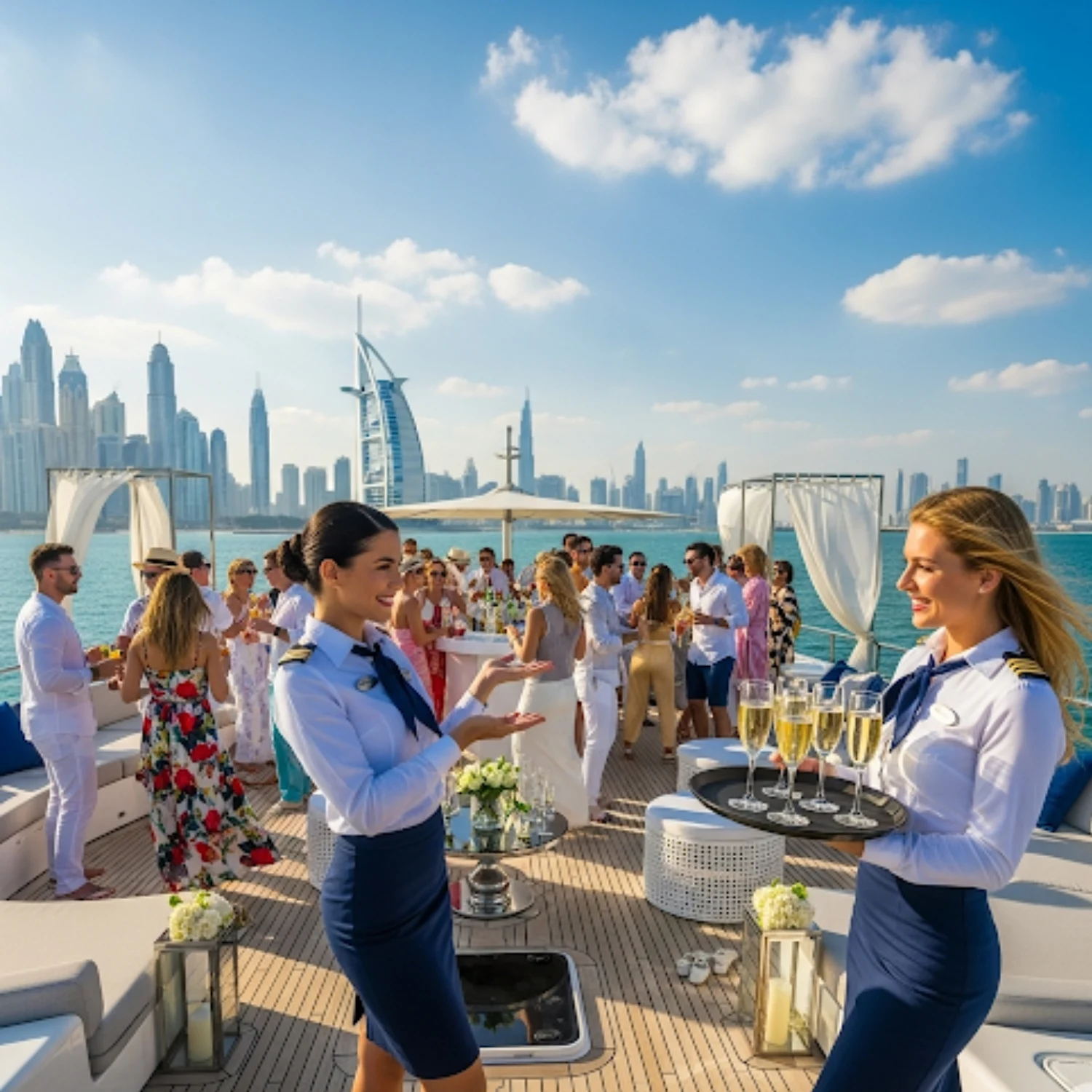 Two smiling women in blue and white crew uniforms are standing on the deck of a yacht, each holding a tray of champagne glasses. A crowd of people in white clothing is socializing behind them, with the Dubai skyline and the sail-shaped Burj Al Arab hotel in the distance.