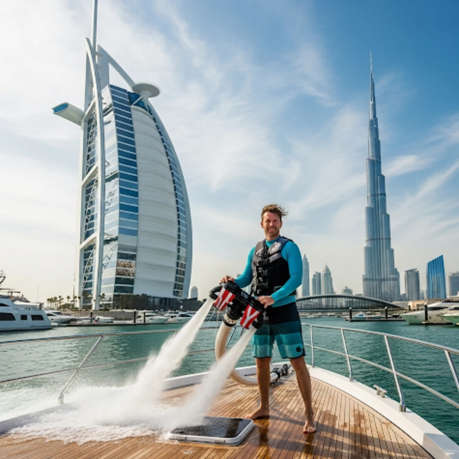 A man in a blue long-sleeved shirt and blue shorts is standing on the deck of a boat, holding a flyboard that is shooting two powerful jets of water onto the deck. In the background, the sail-shaped Burj Al Arab hotel and the towering Burj Khalifa stand prominently against a blue sky with some clouds.