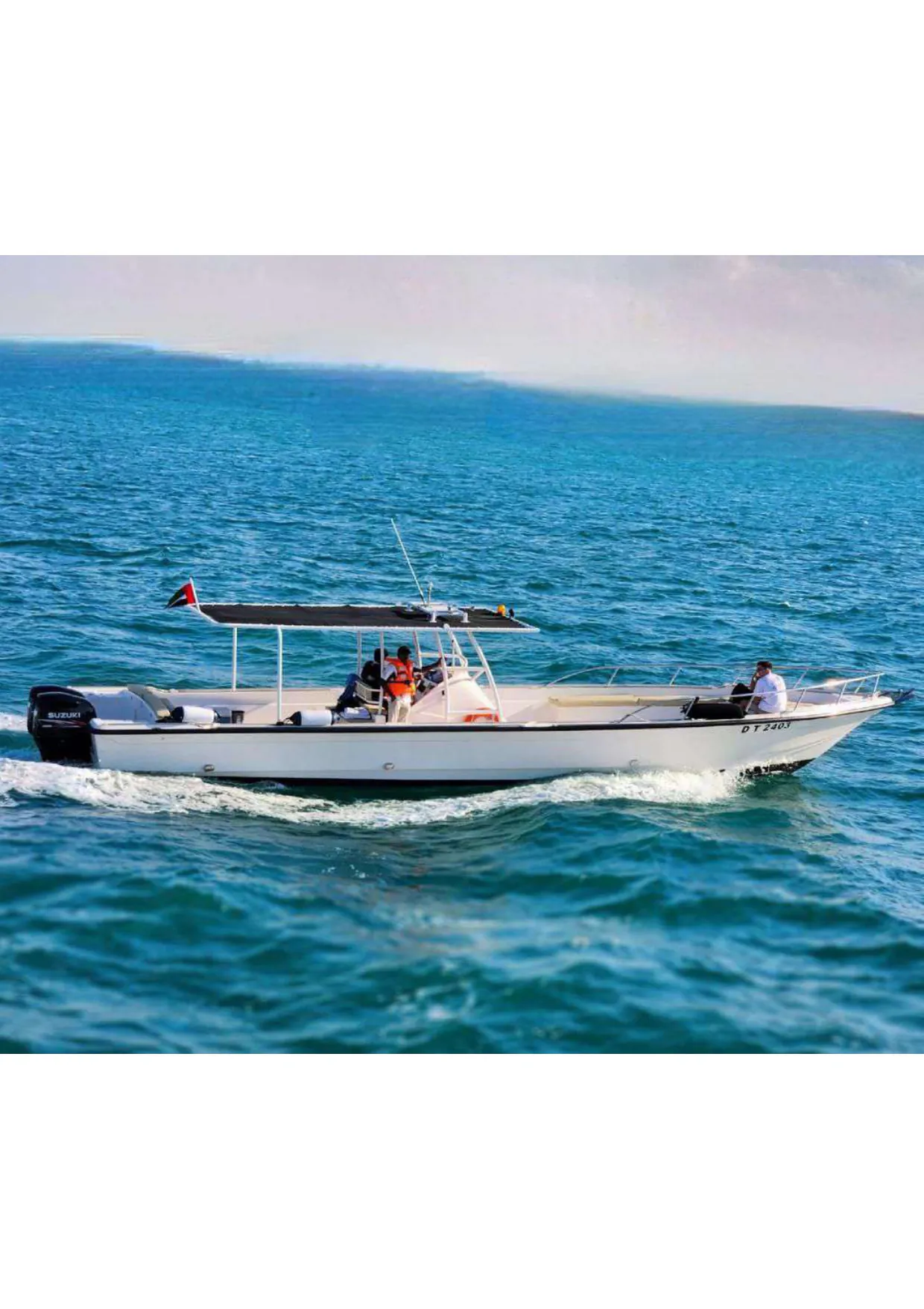 Center-console speedboat cruising on open sea, ideal for fishing trips and coastal tours.