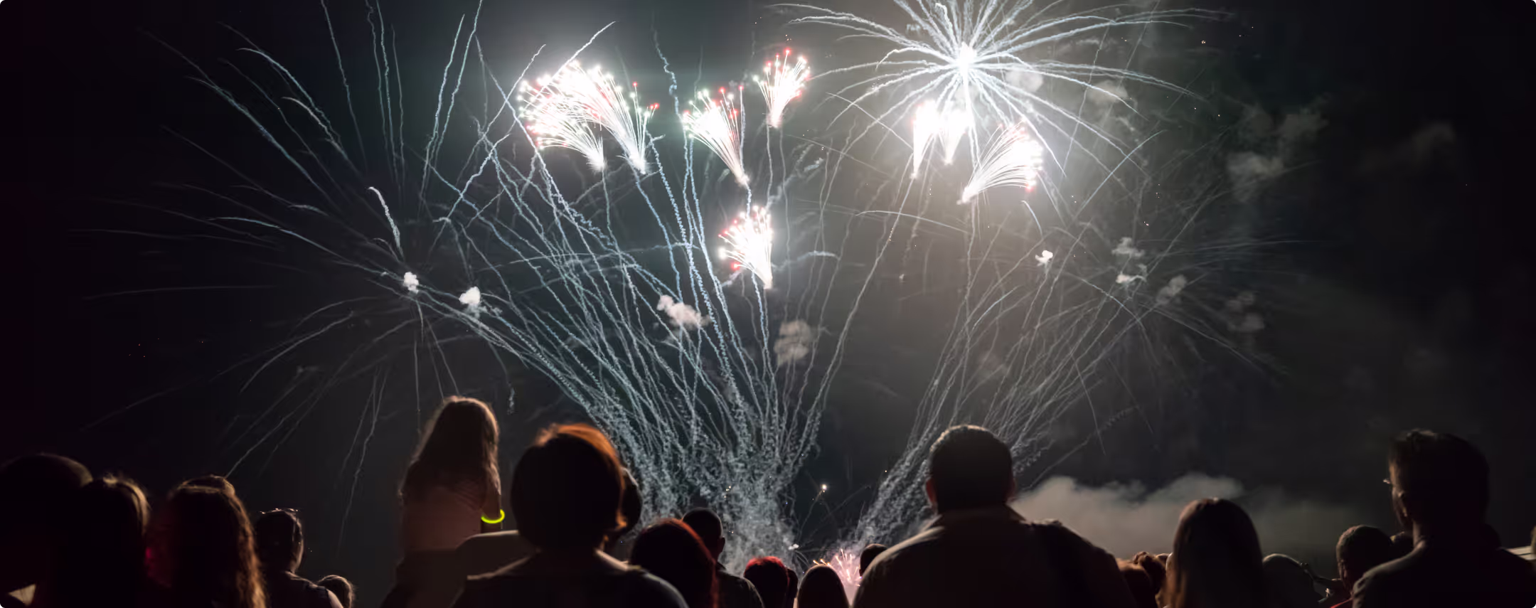 New Year’s fireworks celebration over the water, with guests watching a spectacular night sky display.