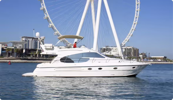 Luxury yacht cruising near Ain Dubai Ferris wheel on calm blue waters