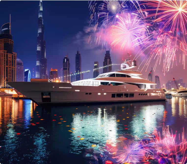 Luxury yacht cruising on Dubai waters with Burj Khalifa skyline and fireworks lighting up the night sky.