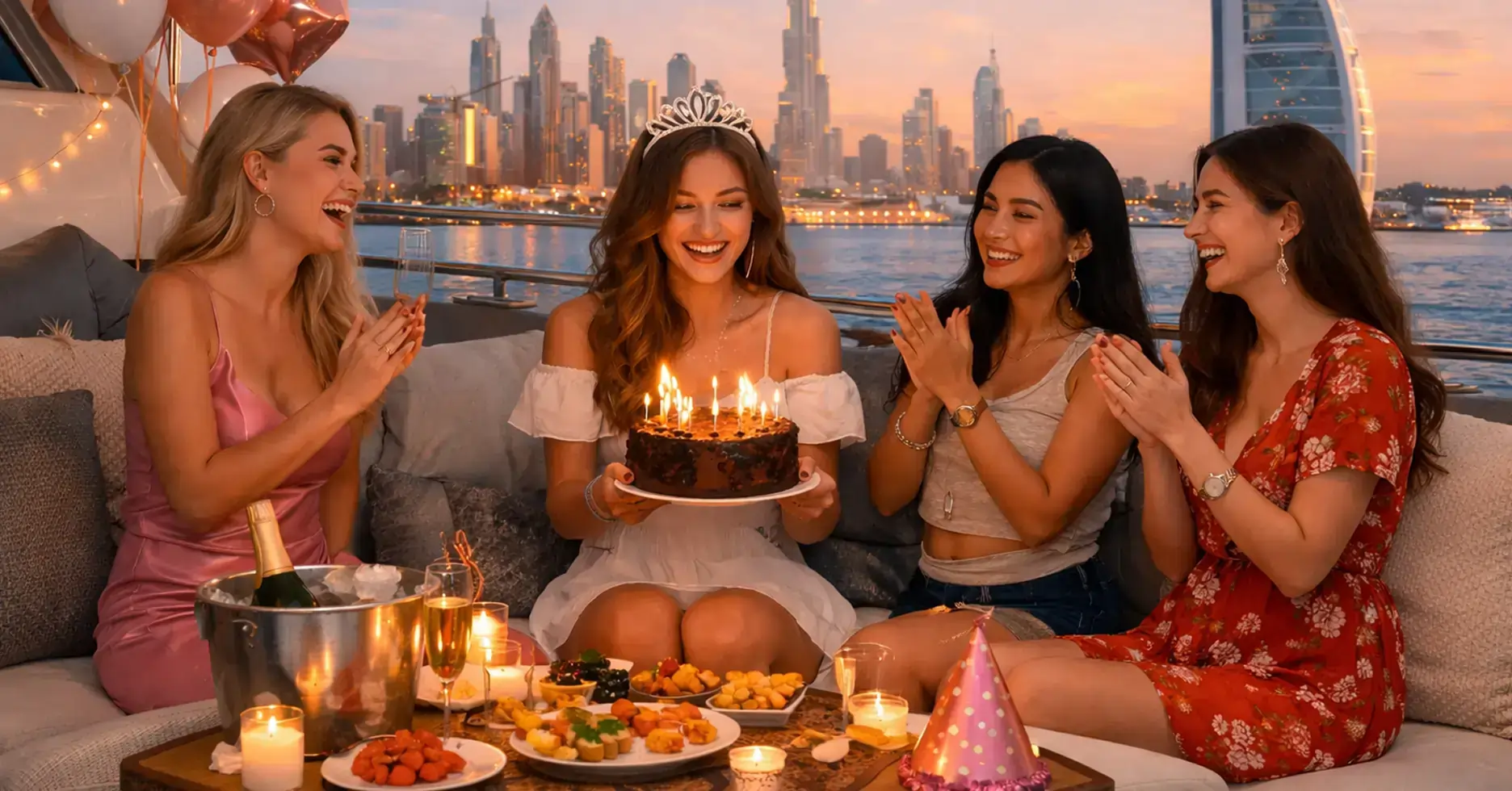 Four Cute Girls Celebrating Yacht Birthday Party in Dubai