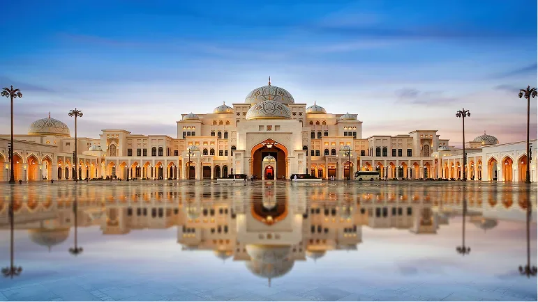 Qasr Al Watan presidential palace Qasr Al Watan presidential palace in Abu Dhabi with its domed facade reflected in the forecourt