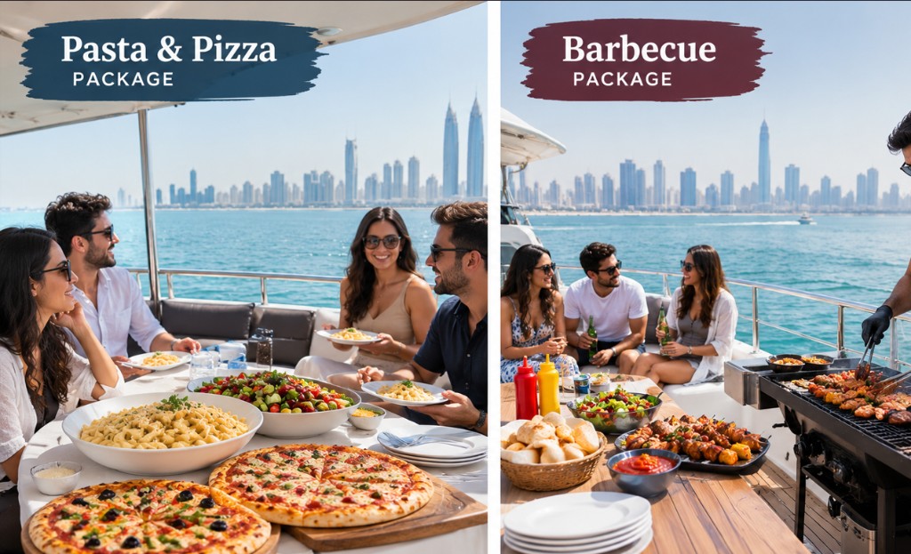 Yacht all-inclusive dining on board in Dubai — pasta, pizza, salad and live BBQ packages